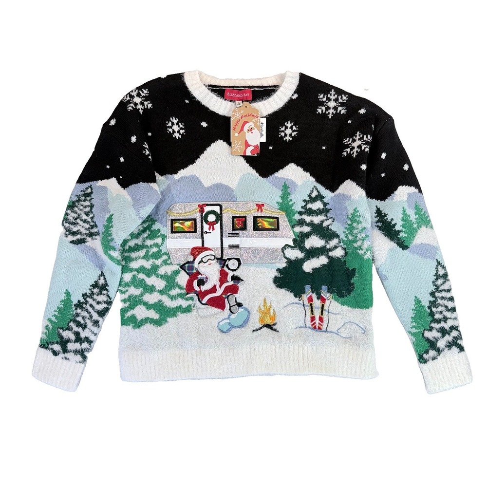 NWT Blizzard Bay Christmas Sweater Small Santa Camper RV Skiing Ugly Holiday NEW